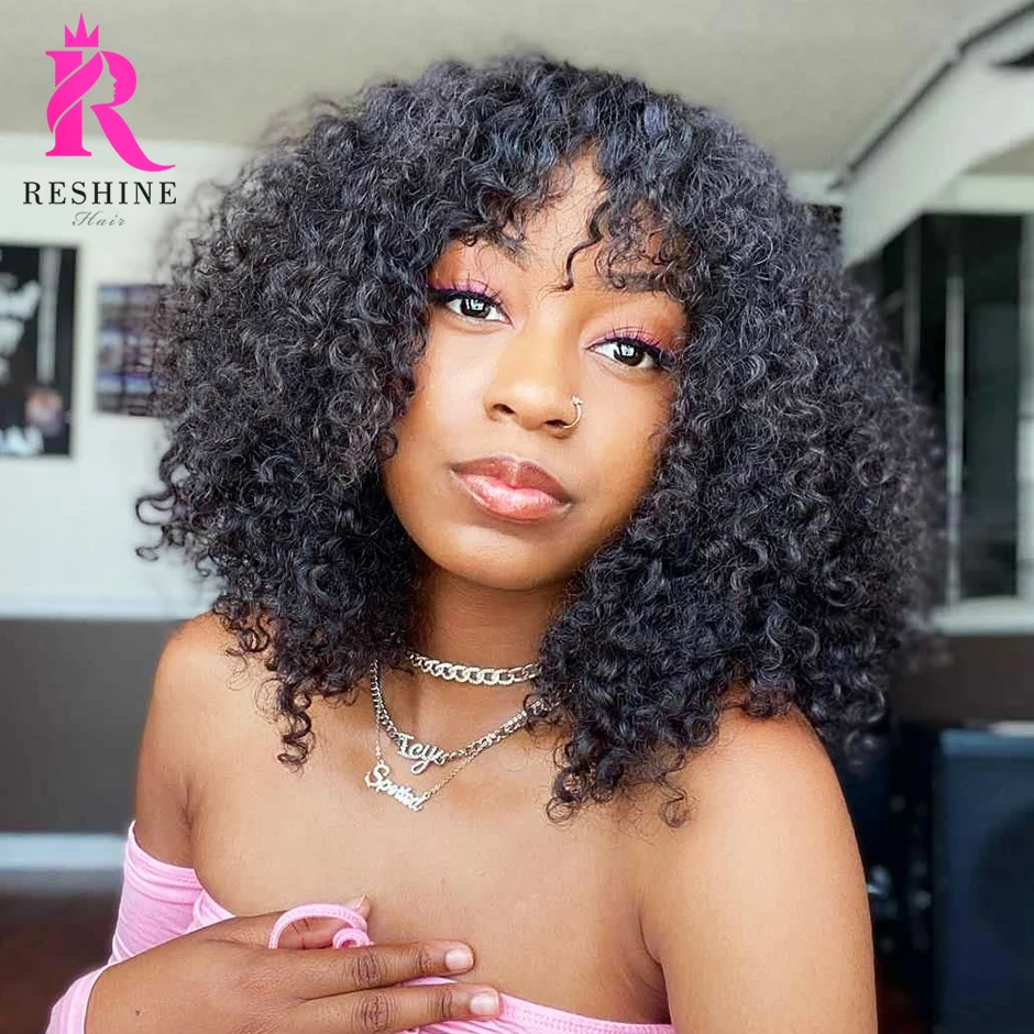 RESHINE Short Curly Bob Wigs Mongolian Human Hair With Bang Scalp Top Full Machine Made For Black Women | Шиньоны и парики