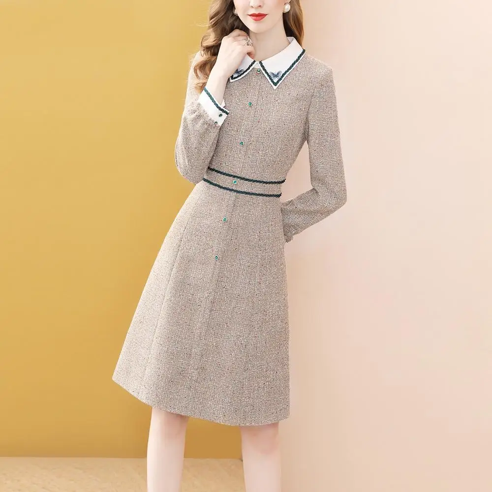 

Only Plus Fashion Grey Tweed Bow Tie Dresses Winter Women Long Sleeve Diamonds Button Vintage Woolen Party Midi Dress Turn Down