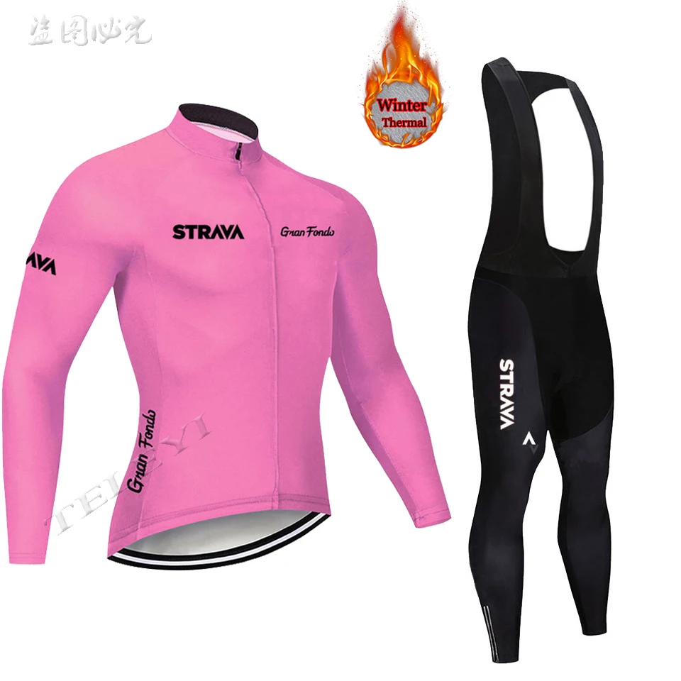 

2022 Strava Winter Thermal Fleece Set Cycling Clothes Men's Jersey Suit Sport Riding Bike MTB Clothing Bib Pants Warm Sets