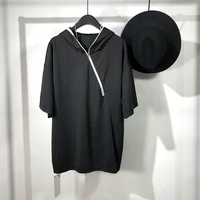 mens hooded short sleeve t shirt summer new dark hat collar fashion diagonal zipper design fashion versatile loose t shirt