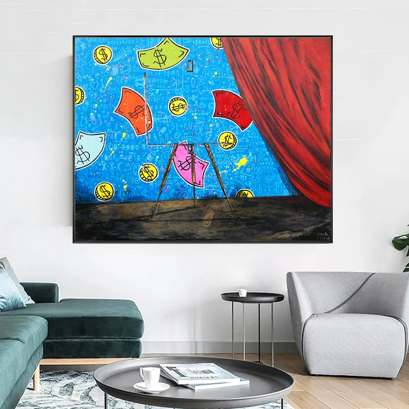 Минималистичная современная абстрактная красочная Картина на холсте с монетами
