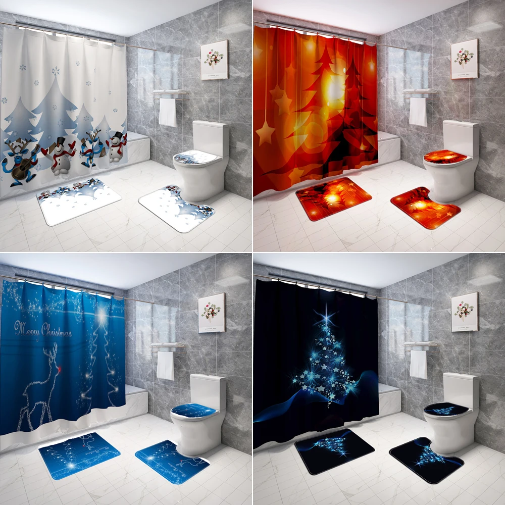 Рождественская занавеска для душа набор ковриков ванной коврики снеговик лось