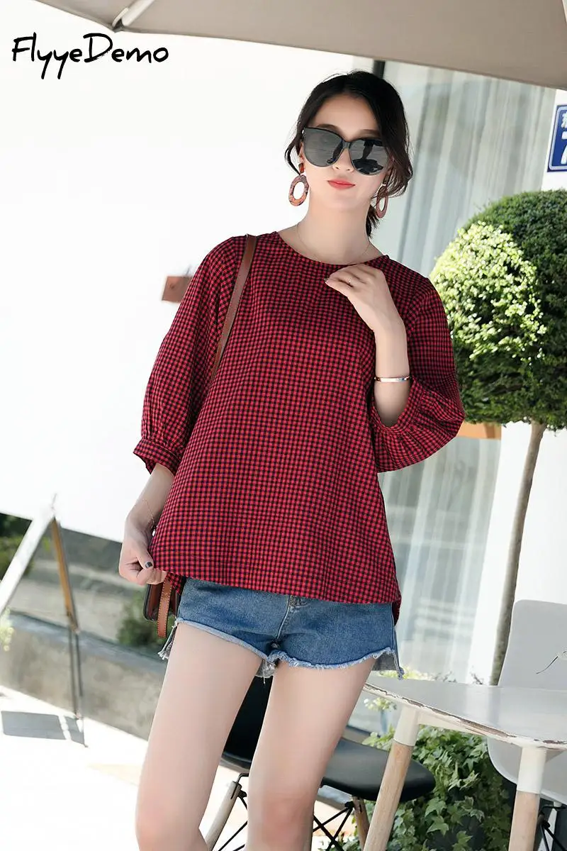 6XL в винтажном стиле с круглым вырезом Блуза клетку для женщин пышными рукавами