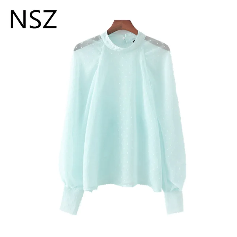 NSZ женские туфли синего цвета в горошек прозрачная блузка длинные рукава модные