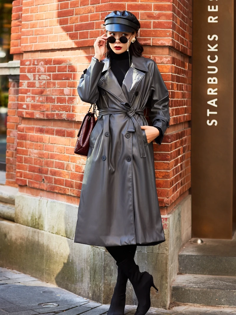Leather Jacket Limited Jaqueta Couro Feminina Women's Leather Trench Coat Pu 2020 New Double-breasted V-neck Long High Street