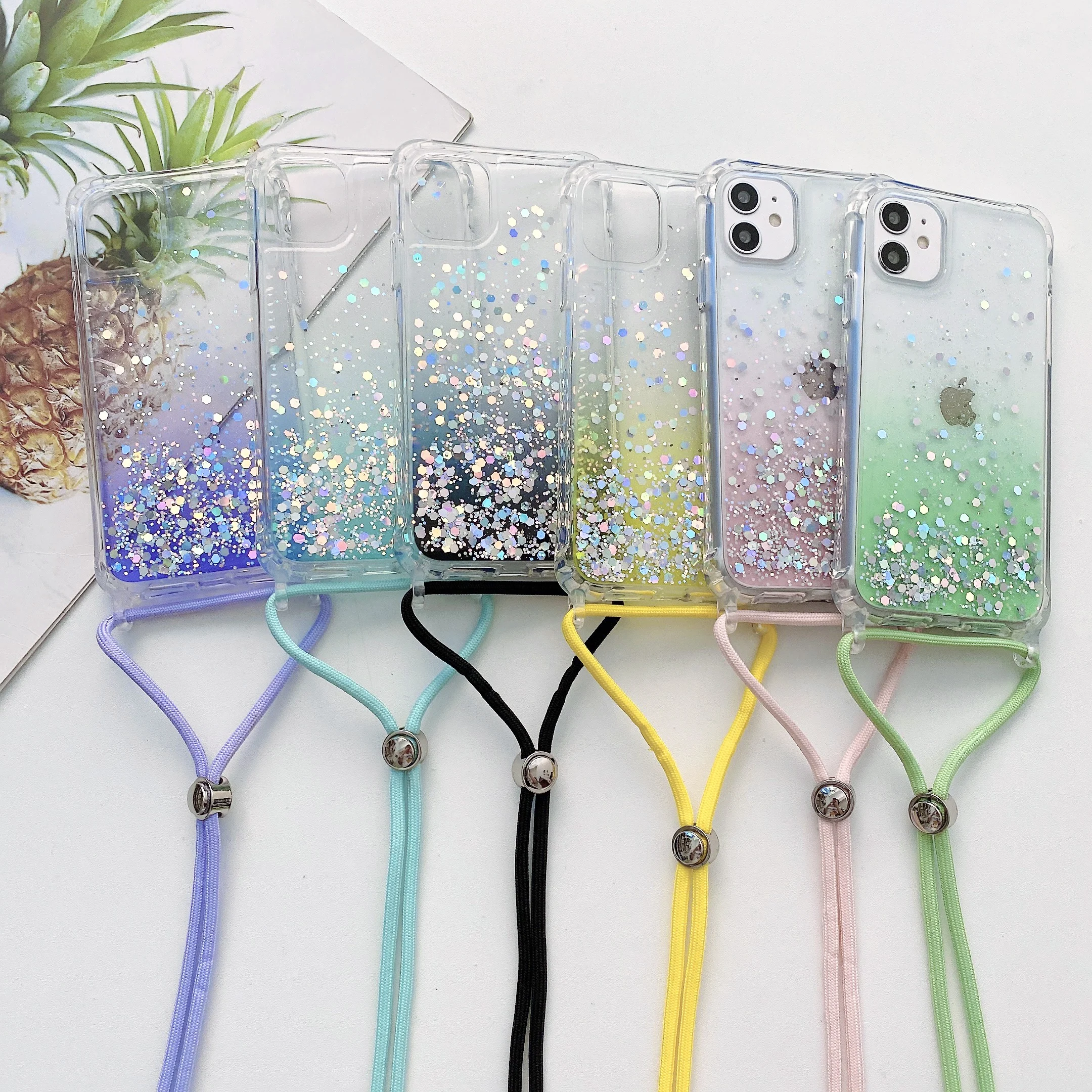 

Glitter Colorful Silicone Case For iPhone 13 12 Pro MAX 13 Mini 11 XS XR 8 7 Plus Crossbody Necklace Lanyards Rope Strap Cover
