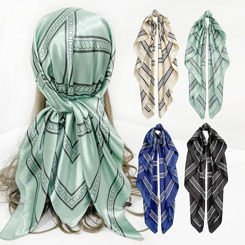 

Silk Scarves Women Print Foulard Satin Square Head Hijab Scarfs For Ladies Luxury Brand Shawls 90cm Bandana female Muslim Wraps