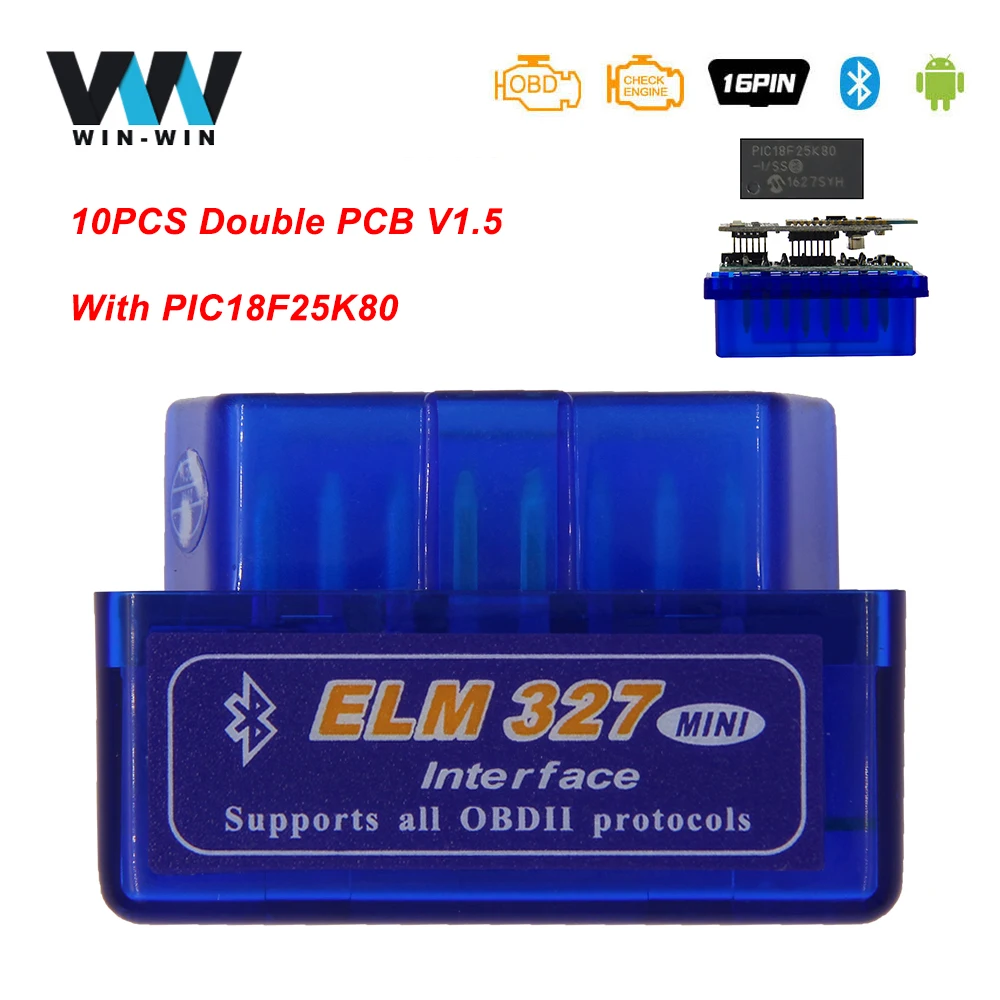10 шт. ELM327 V1.5 PIC18F25K80 OBD2 Bluetooth сканер odb2 ELM 327 V1.5 OBD 2 OBD2 автомобильный диагностический сканер авто инструмент считыватель кода