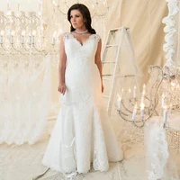 robe de mariage cap sleeve lace mermaid wedding dresses plus size v neck bridal wedding gowns sweep train vestido de noiva