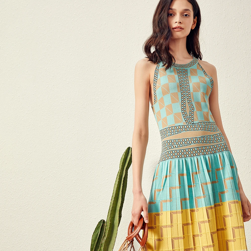 

2021 Summer Women Knitting Dress Sexy Halter Neck Sleeveless Plaid Long Sweater Dress ladies mujer