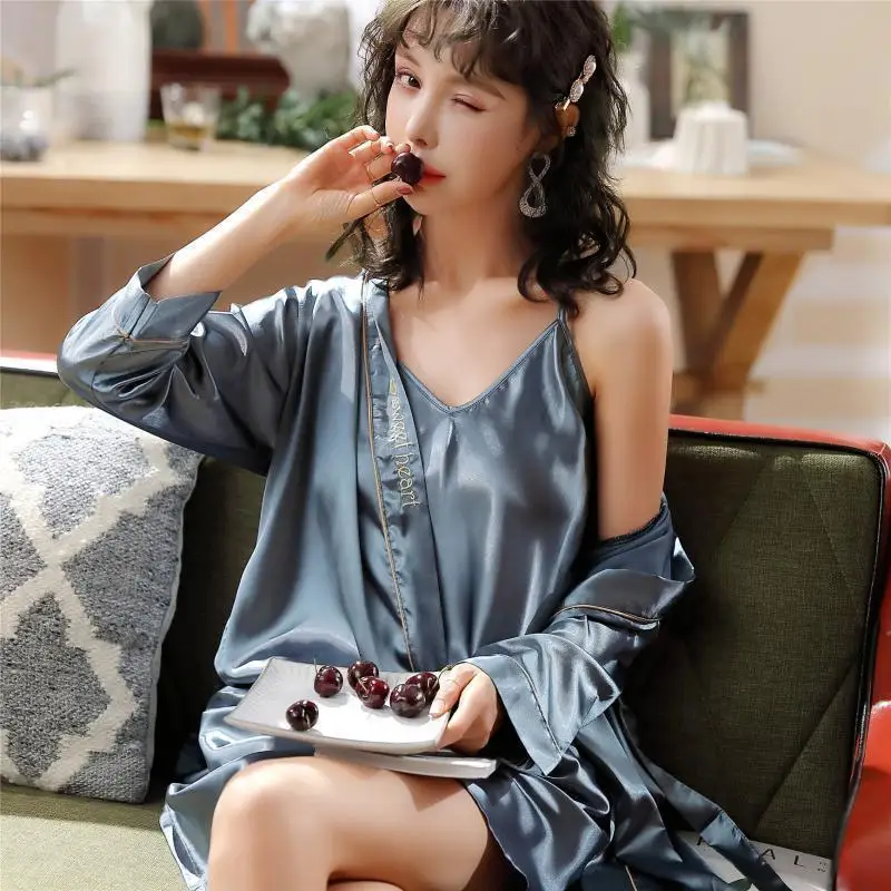 Silky Shawl Robe Men Kimono Bathrobe Sleepwear Belt Male Robe Ice Silk Hotel Nightdress Homewear Sleepwear Couples Home Nighties