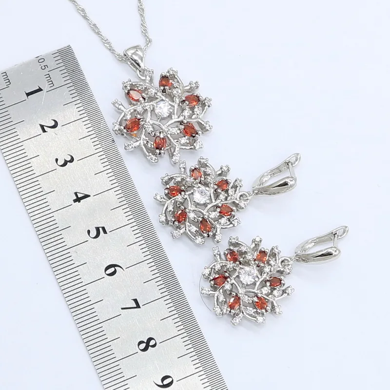 Серебряный набор украшений для женщин в форме цветка свадебный браслет с красным