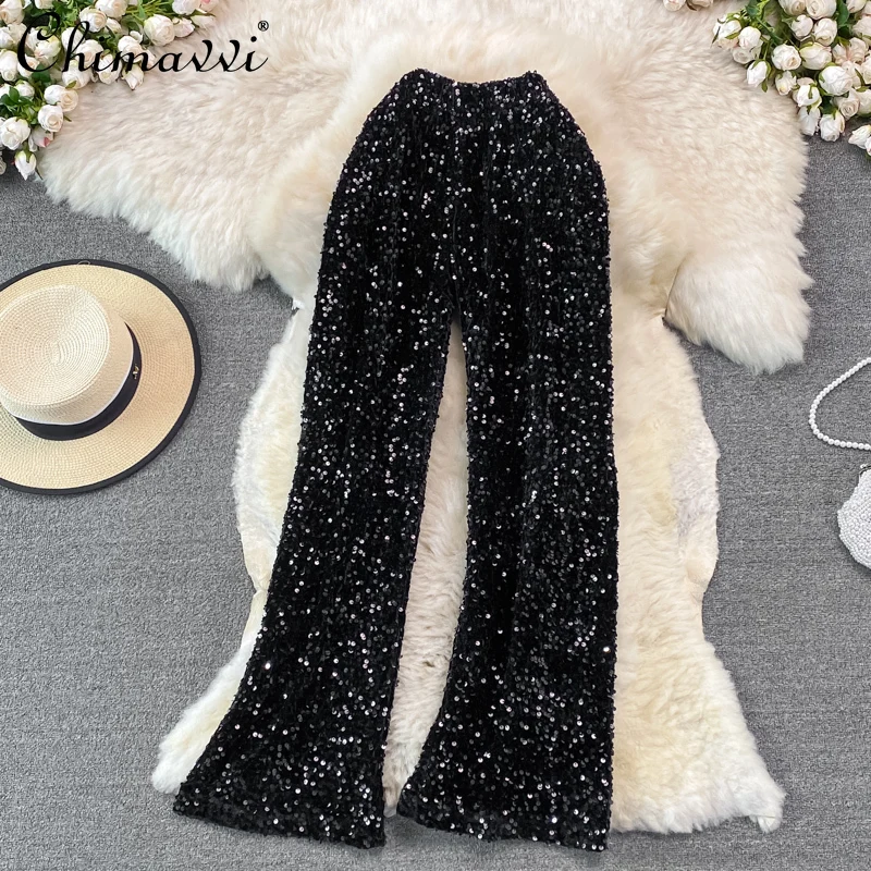 

Elastic Waist Sequined Straight Wide-Leg Pants 2022 Spring Korean Style Fashion All-Match High Waist Loose Drooping Casual Pants