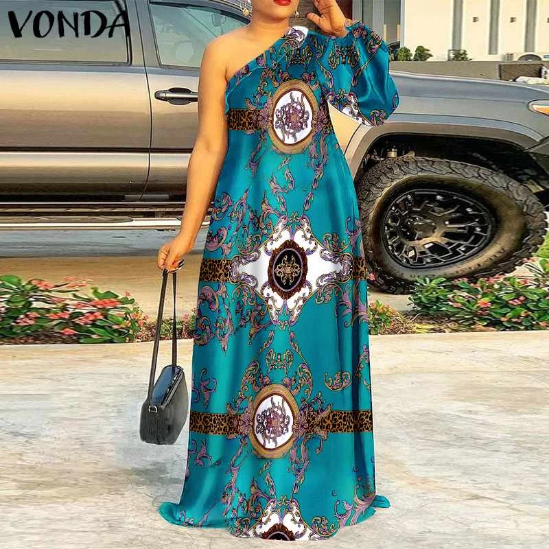 

Женское весеннее платье с длинным рукавом, праздничный сарафан на одно плечо 2021 VONDA, длинное плиссированное платье-макси с цветочным принто...