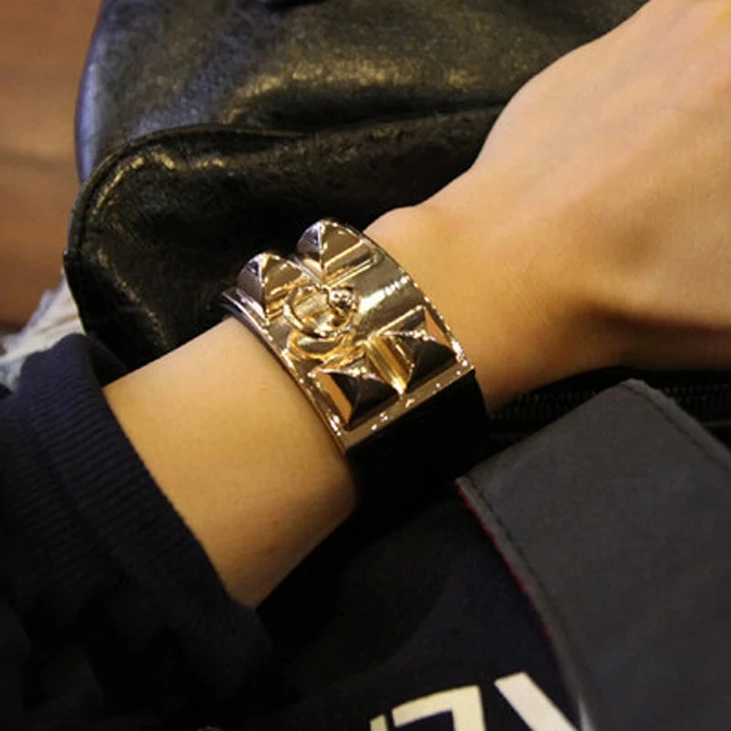 

Fashion street patting leather metal exaggerated texture rivet punk temperament leather super wide men and women Bracelet