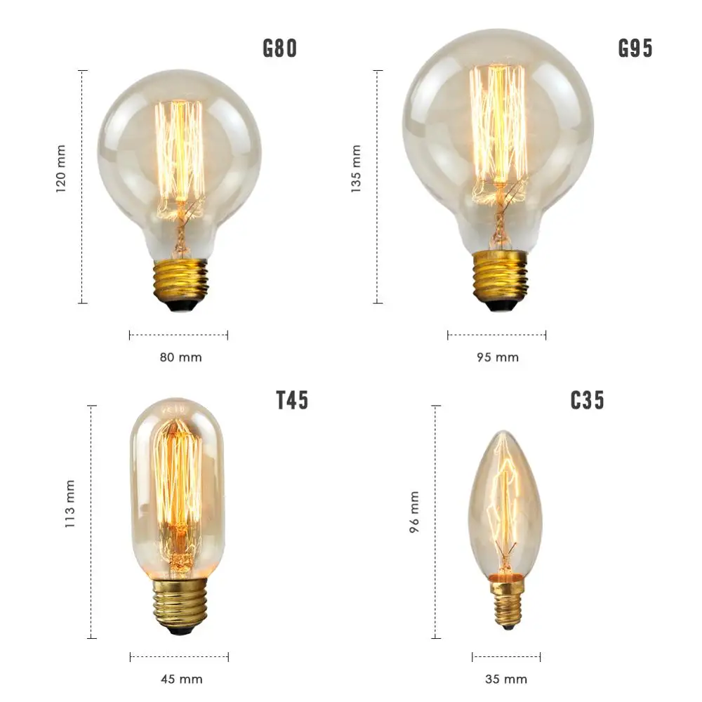 Винтажная лампа накаливания Эдисона E27 Ретро 220 В 40 Вт ампула антикварная T10 T30 G95 T45