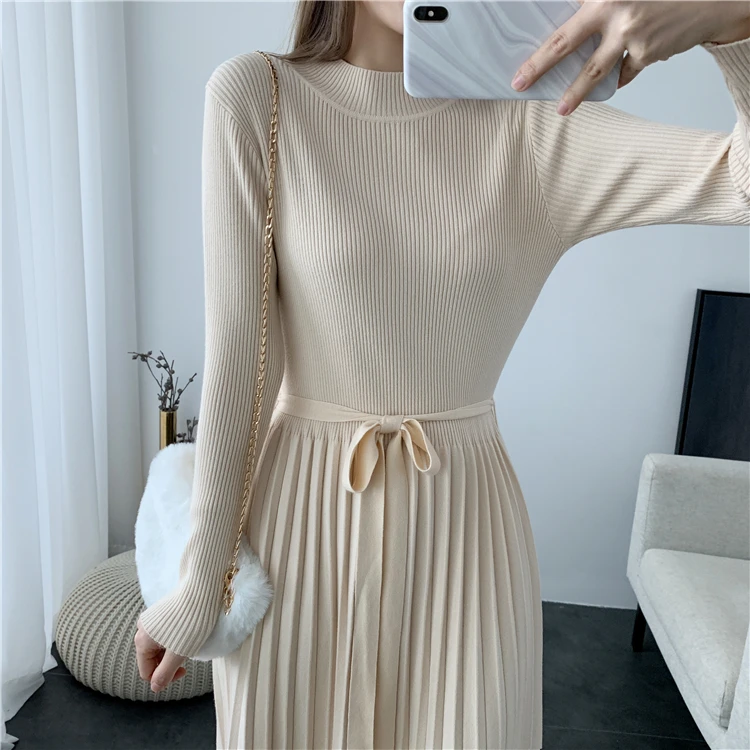 2020 Новое модное зимнее женское платье с длинным рукавом и высокой горловиной