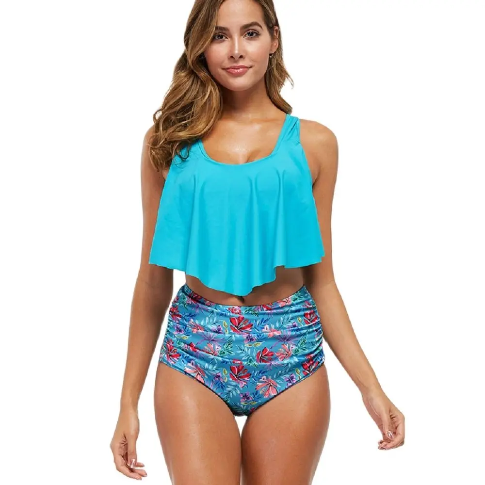

2021 fashionable new bikini in Europe and America with ruffle, high waist, open back and quick dry split swimsuit with bra