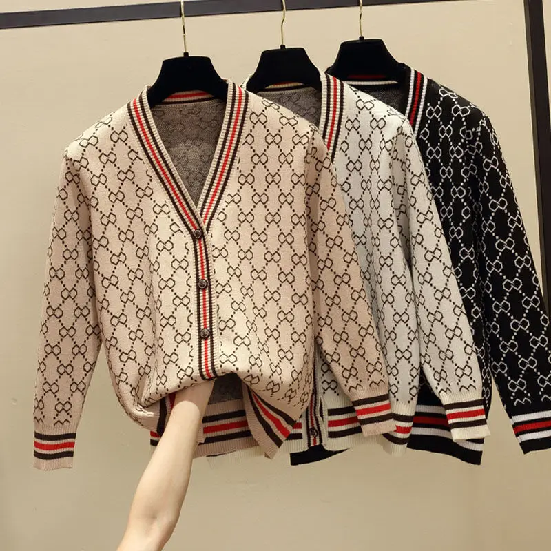 

2021 Spring and Autumn New Loose V-Collar Lattice Knitted Shirt Women's Cardigan Wool Clothes Women's Wear