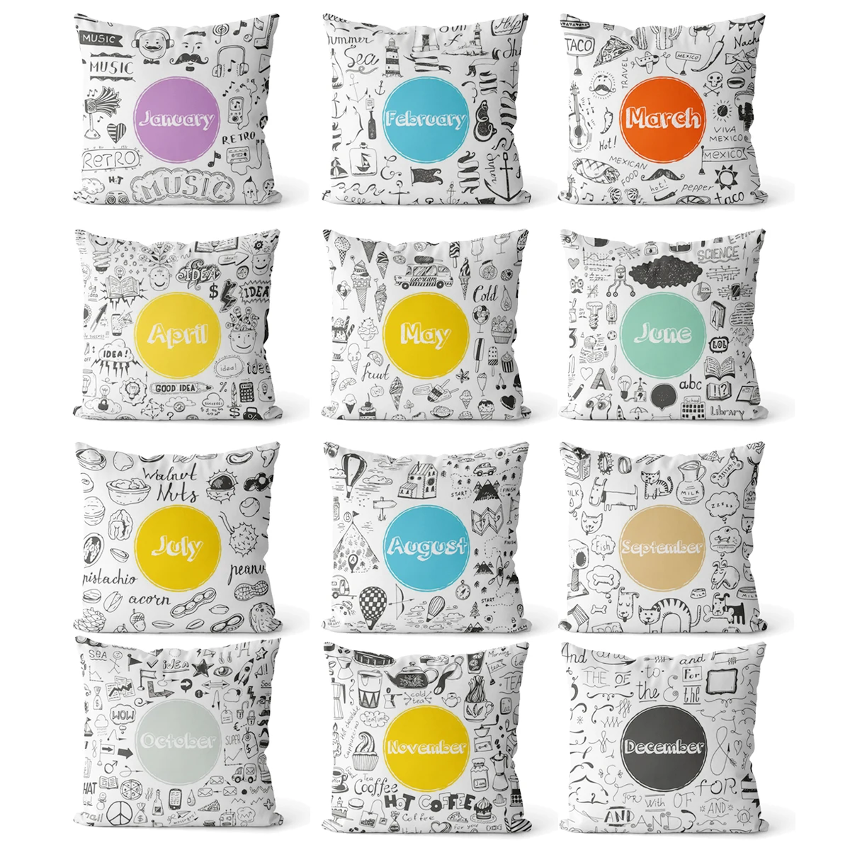 

Monthly calendar Graffiti Velvet square pillow cover cushion cover， used for sofa living room office party car