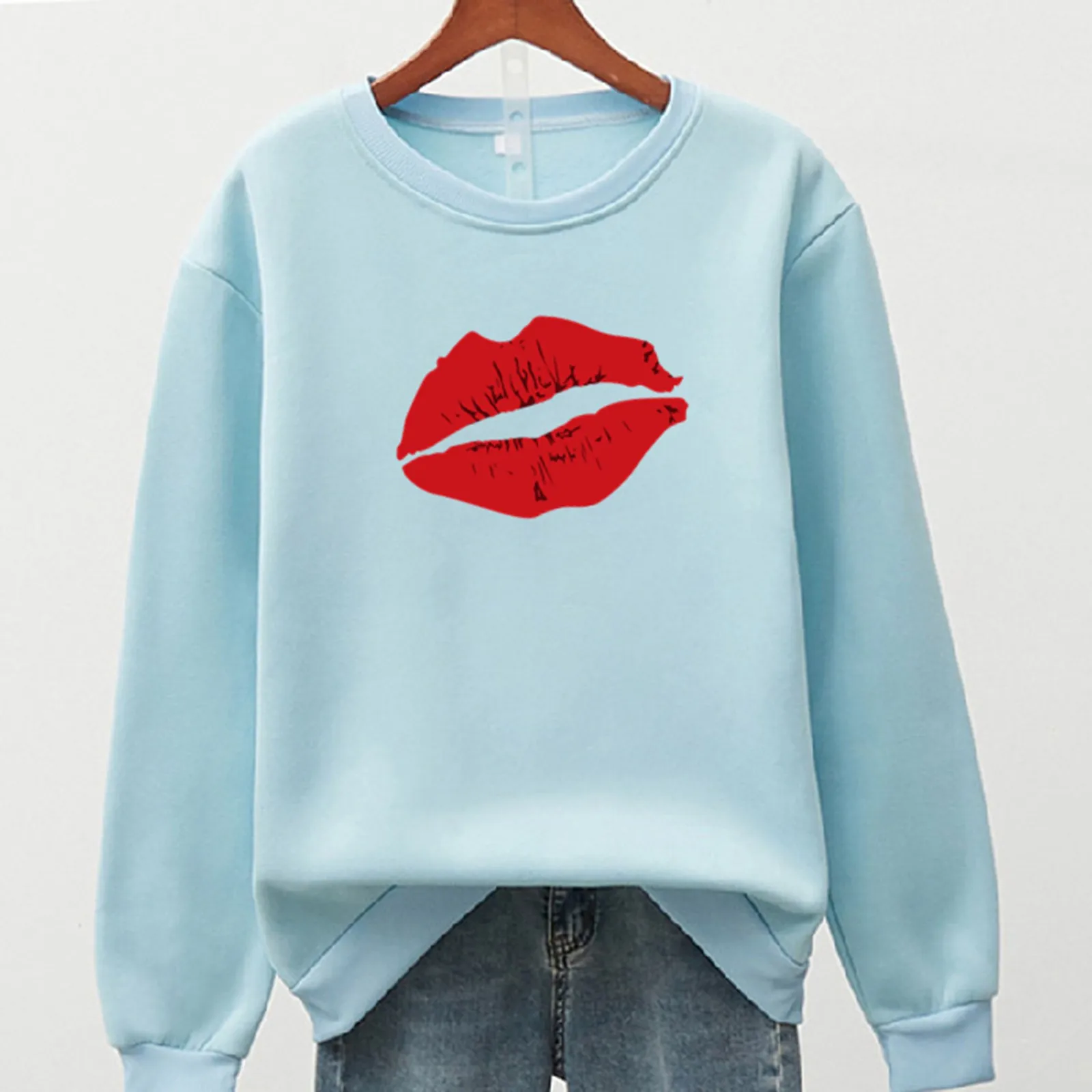 2021 All-matched Chic Korean aesthetic  Women's Casual Long Sleeve O neck Lip Print Pullover Sweatshirt Tops кофта