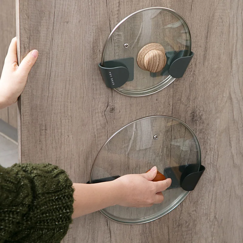

2pcs Self Adhesive Pot Lid Holder Punch-Free Pan Cover Storage Rack Holder Wall Mounted Kitchen Cooking Utensil Tool Organizer