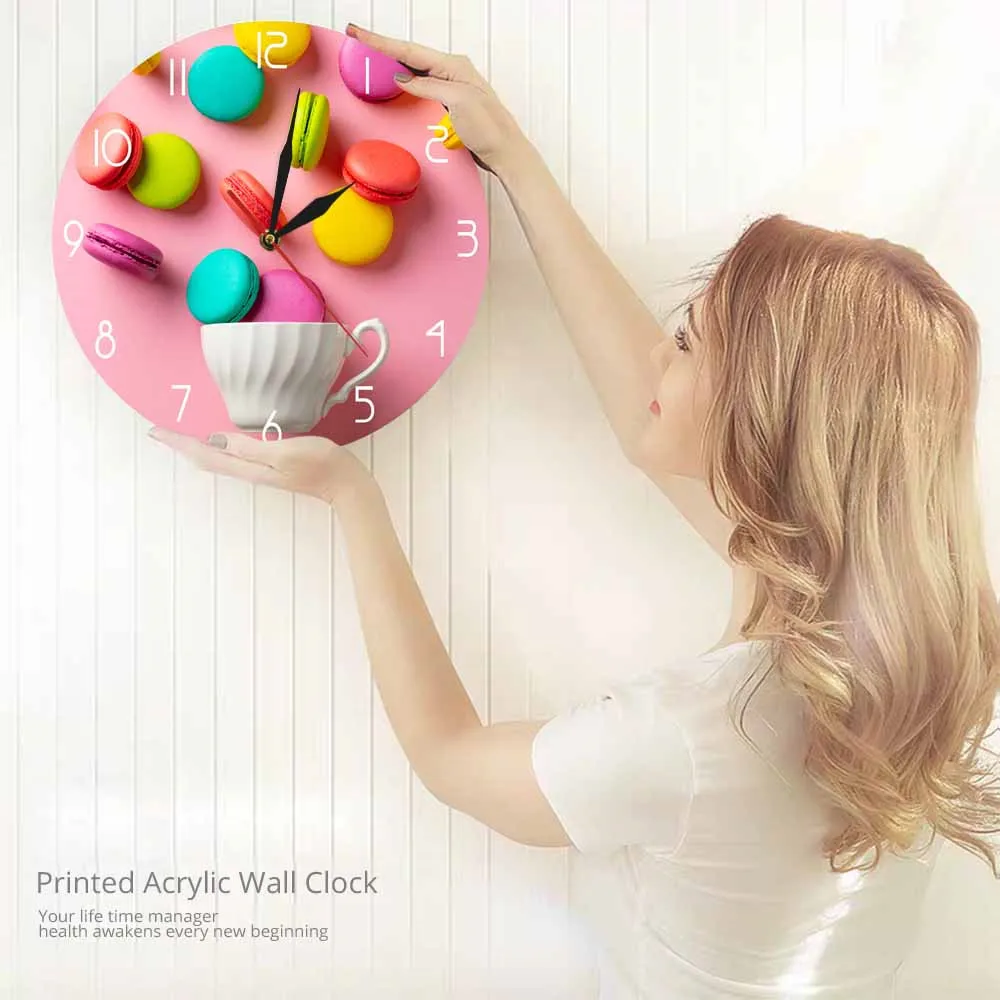 

Colorful Macaron Dessert Printed Acrylic Wall Hanging Clock With Pink Background Girls Room Decor Wall Watch Sweet Food Design