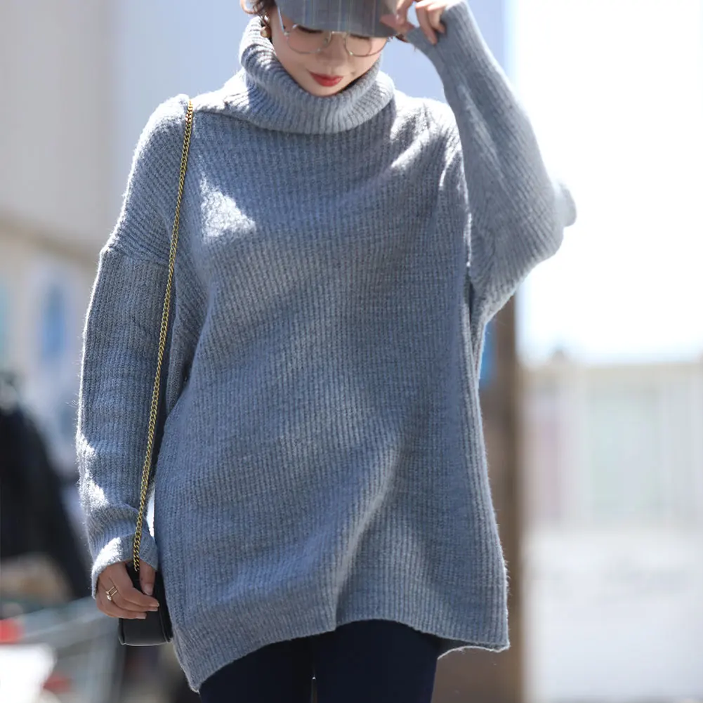 

Turtleneck Knitted Women's Sweater Pullovers Oversize Long Batwing Sleeve Solid Women Sweaters 2020 Spring Loose Basic Jumper