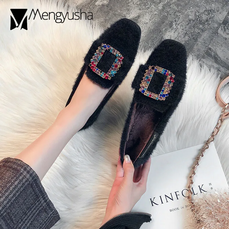 Разноцветные туфли без задника Пряжка со стразами меховые на плоской подошве