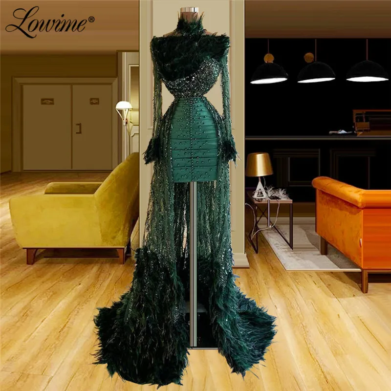 Green Beaded Arabic Party Dress High Low Prom Dresses Dubai Long Sleeves Feathers Boat Neck Plus Size Customized Evening Gowns