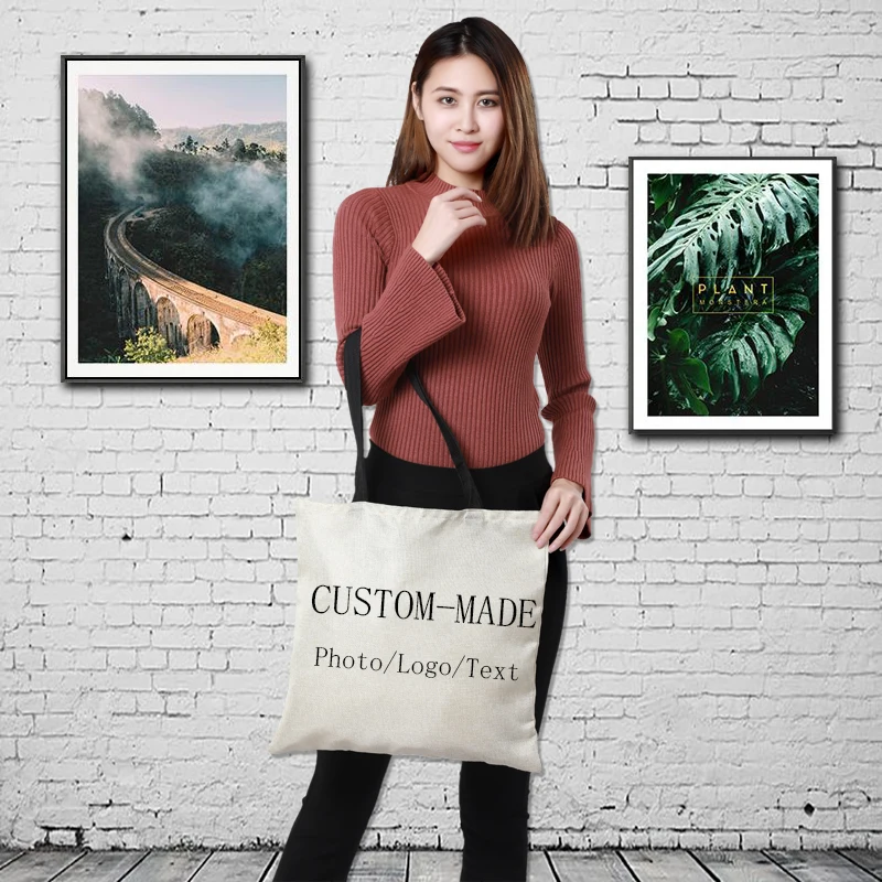 Женская сумка для покупок на заказ двухсторонняя льняная женская с принтом