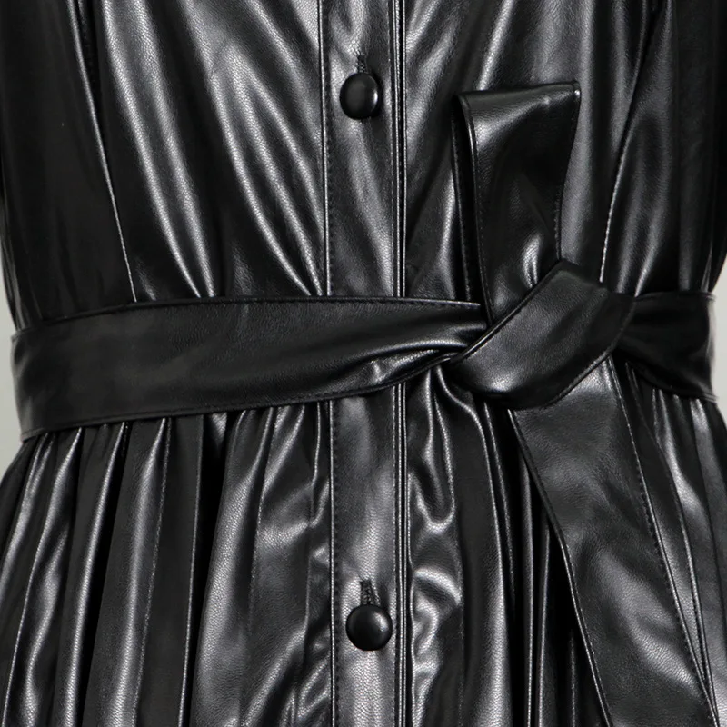 

Elegant Women Solid Pleated Ankle-Length Dress Fashion Lady Turn-Down Collar Puffy Sleeve Single-breasted Sashes Lace-Up Dresses