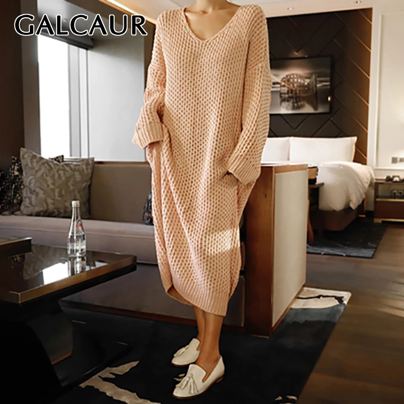 GALCAUR выдалбливают Вязание Платье для женщин V шеи с длинным рукавом высокой