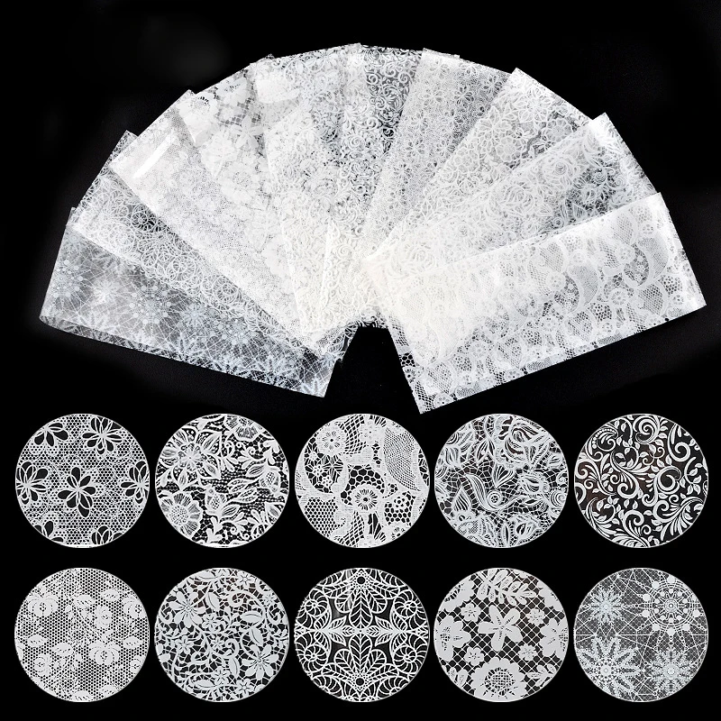 10pcs White/Black Lace Nail Sticker Foils Star Paper Floral Decal Transfer Wraps Tips Design Flower Art Decor UV Gel Polish | Красота и