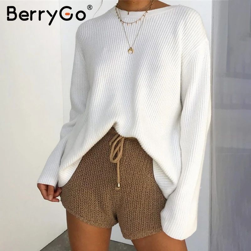 BerryGo Two-piece striped women pullover sweater Lace up long sleeve female jumpers Autumn winter warm knitted ladies sweaters | Женская