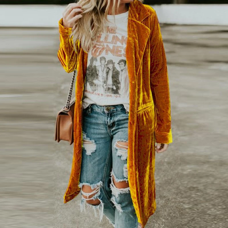 

Women Autumn Winter Retro Velvet Trench Coat Elegant Single Button Long Cardigan Top Female Turn-down Collar Long Sleeve Outwear