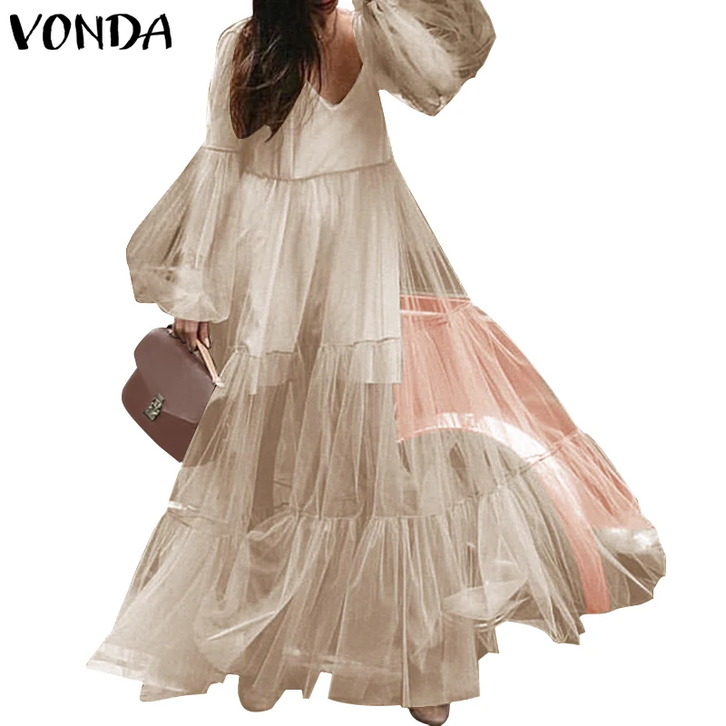 VONDA, макси платье, женское,, осеннее платье, сексуальное, v-образный вырез, фонарь, длинный рукав, высокая талия, Платья для вечеринок, длинное, Vestidos размера плюс, Халат