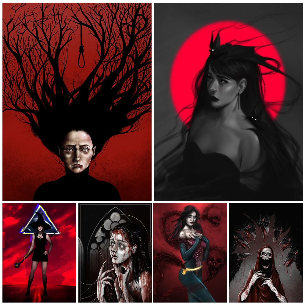 

The Curse Of The Witch And Bloodthirsty Crow Wall Art Canvas Painting Home Decoration Vintage Sexy Witch Poster And Prints