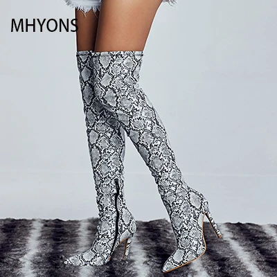 

2021 Women Sexy Grey Snakeskin Printed Over-the-knee Boots Stiletto Heels Lace-up Python Thigh High Boots Long Sandal Boots