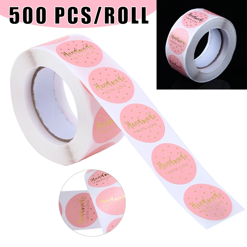 

1 Roll Handmade with love Stickers Labels Round Kraft Pink Sticker Labels For Package Adhesive Sticker Seal Labels Stationery