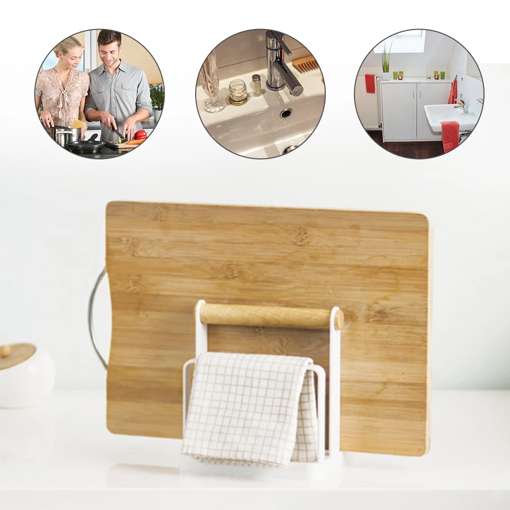 

1PC Plastic Cutting Board Organizer 3-Slot Chopping Board Rack With Wooden Handle Drain Pan And Lid Rack Kitchen Supplies