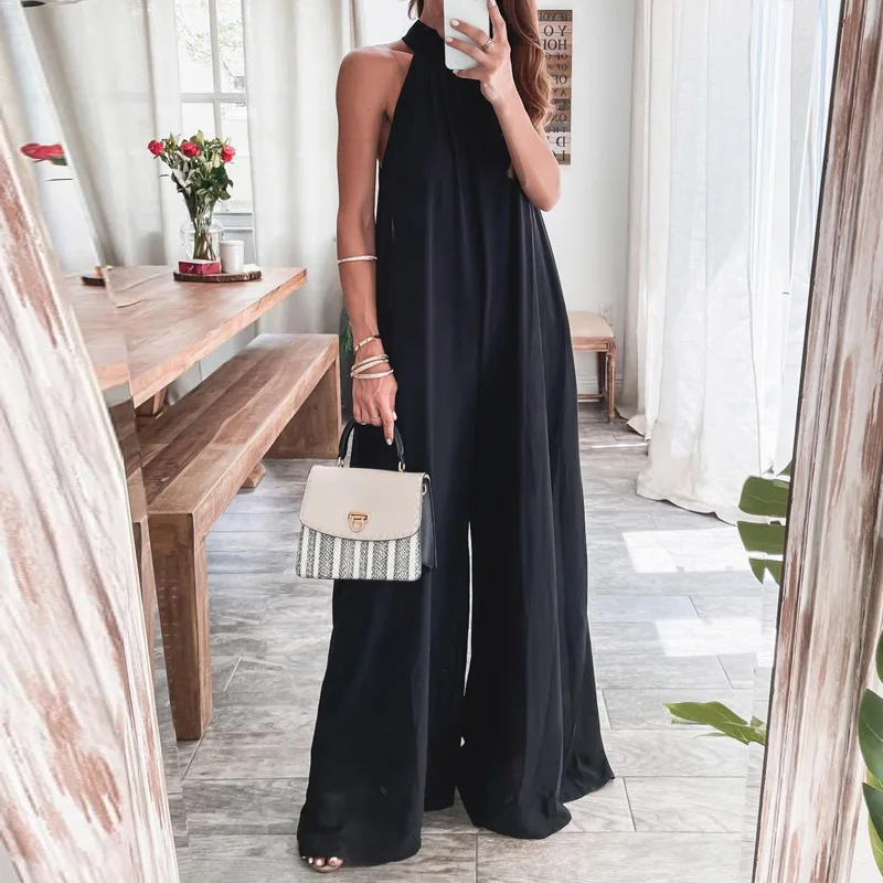 

Summer Halter Hollow Out Backless Jumpsuits Spring Solid Loose Office Lady Romper Women Sleeveless Wide Leg Pants Beach Overalls