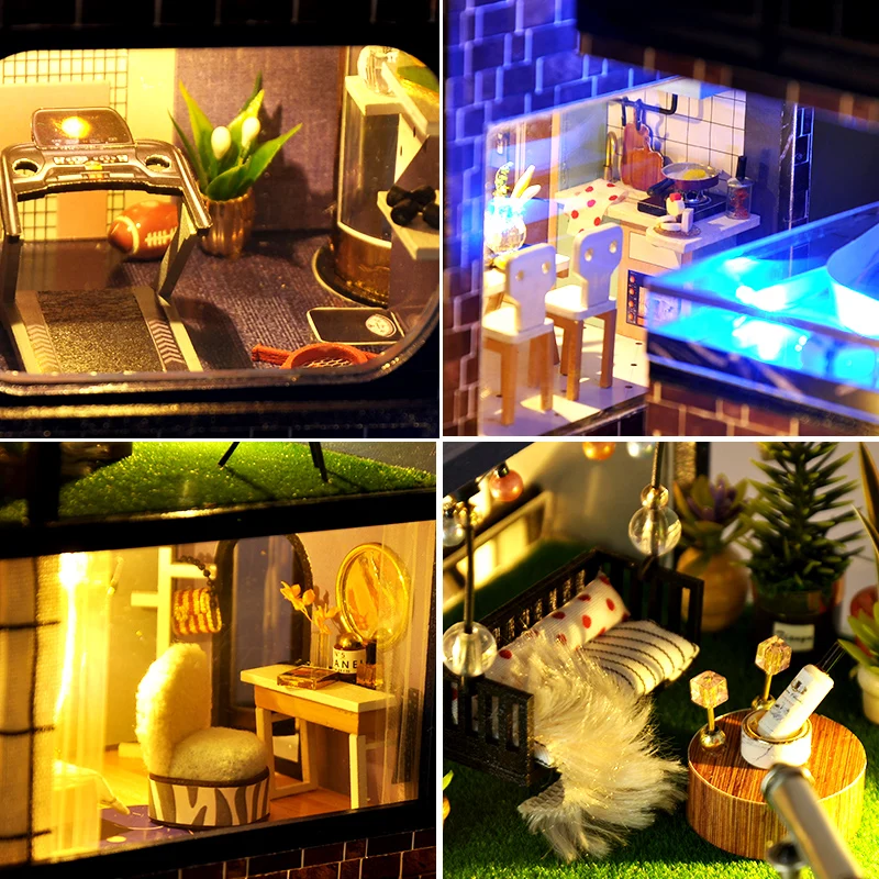 

DIY Wooden Dollhouse Manhattan Villa Kit Assembled Miniature Car Swimming Pool Doll House Toy For Children Adult Christmas Gifts