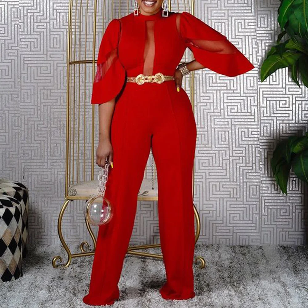 

5XL Plus Size Sexy Jumpsuit Women Office Party Overalls Mesh See Through Wide Leg Pants High Waist Red Long Jumpsuits Oversized