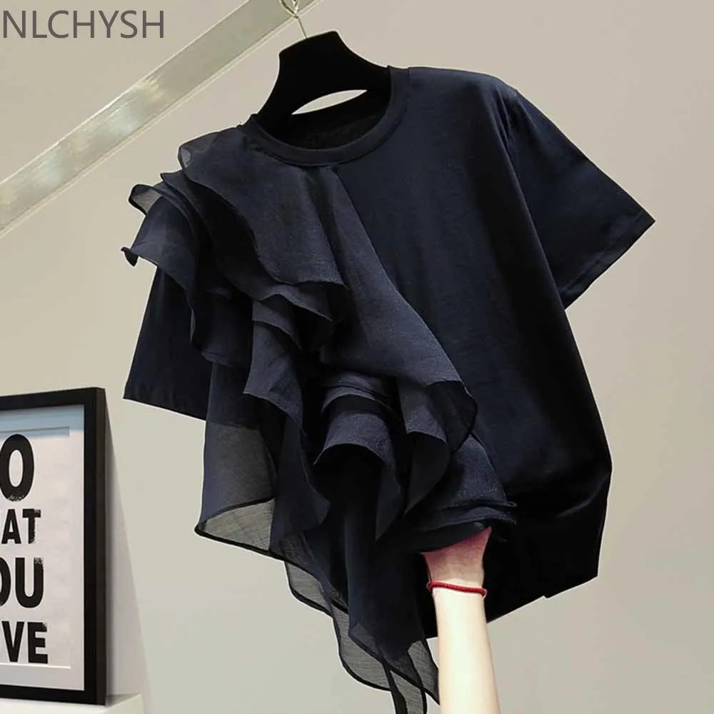 

Patchwork Ruffle White Tops For Women O Neck Short Sleeve Casual T Shirt Female Fashion New Clothing 2021 Summer