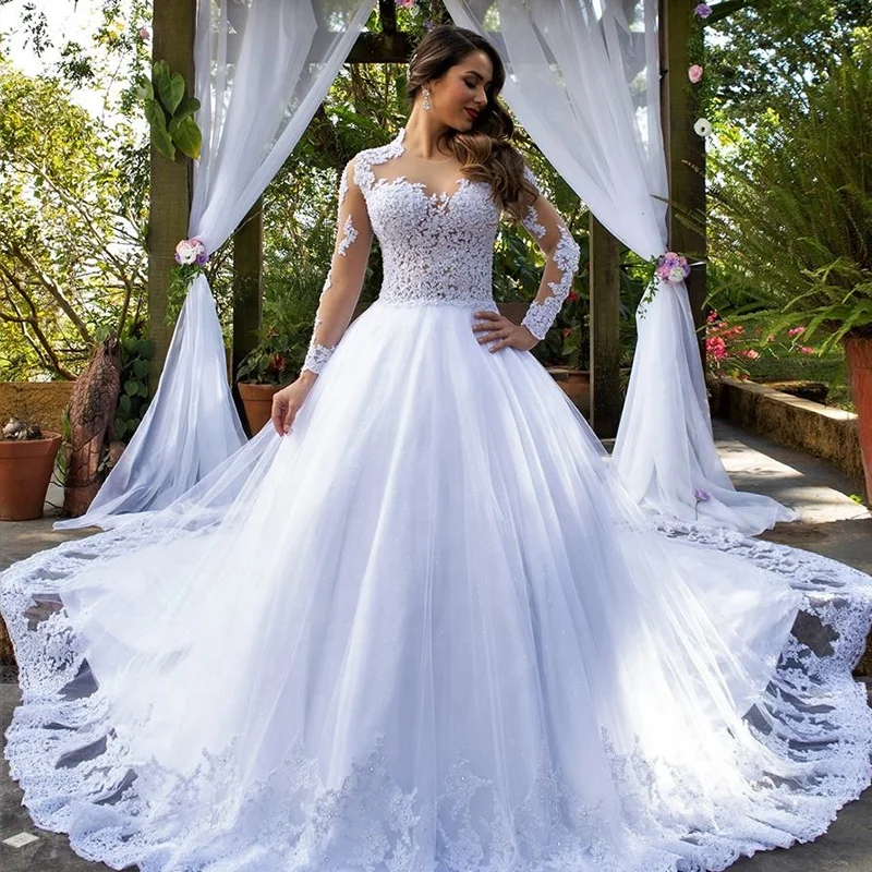 Sexy Princess Ball Gown Illusion Wedding Dresses Bohemain Skin Tulle Long Sleeves Lace Appliques Robe De Marriage Bridal Dress