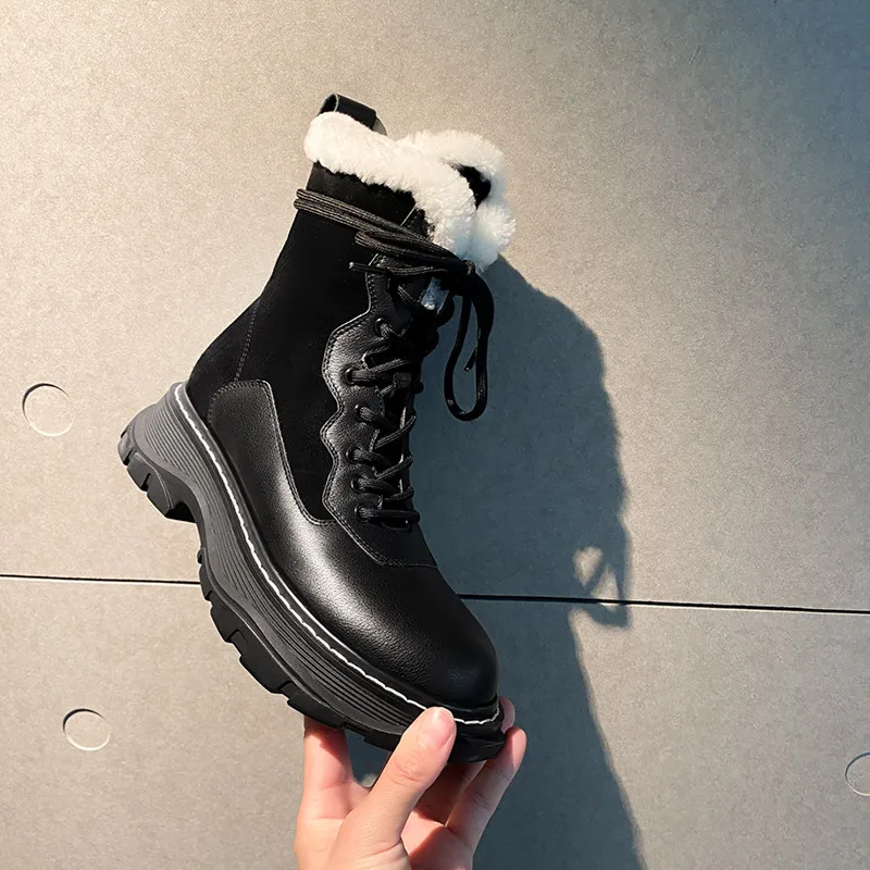 Harga Asumer 2021 Sepatu Kulit Asli Tebal Bulu Salju Boots Round Toe Nyaman Datar Sepatu Kasual Wanita Musim Dingin Sepatu Bot