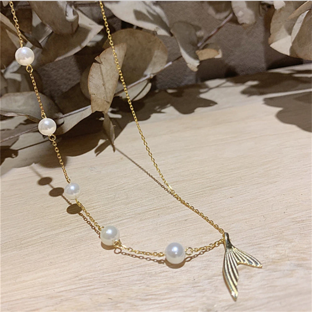 

Retro Simple Pearl Fishtail Pendant Necklace Ladies Temperament Chain Sexy Pendant Necklace Jewelry Accessories