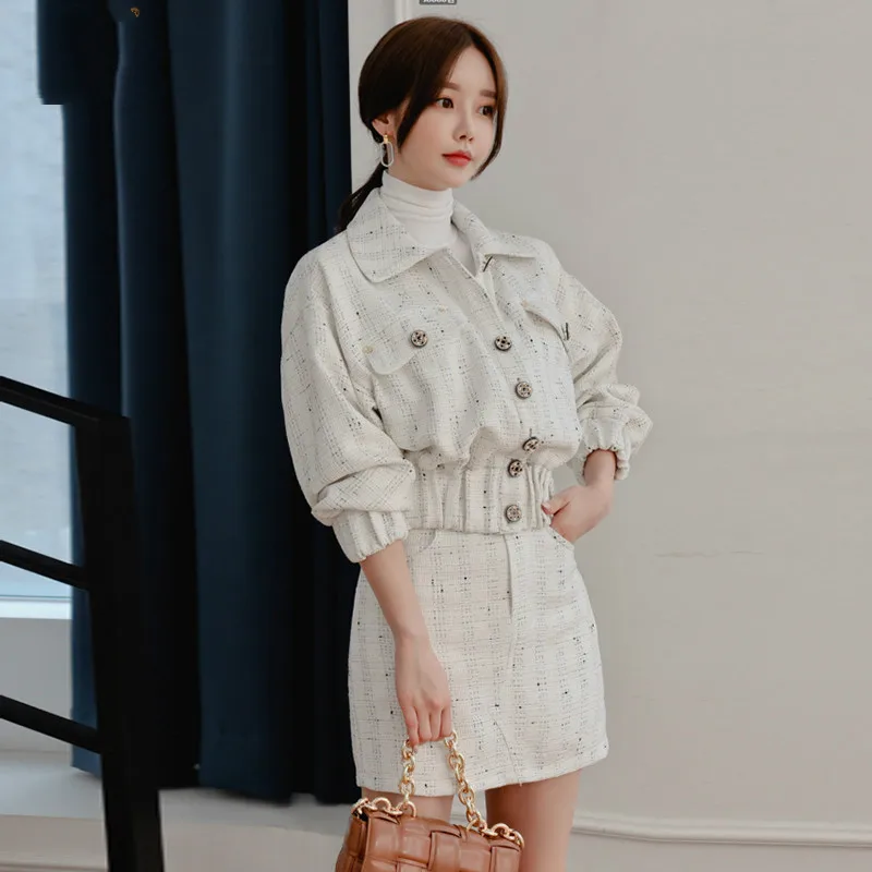 

High Quality Elegant 2 Piece Set Women Plaid Single Breasted Short Tweed Jacket + High Waist Casual Skirt Autumn Winter Suits