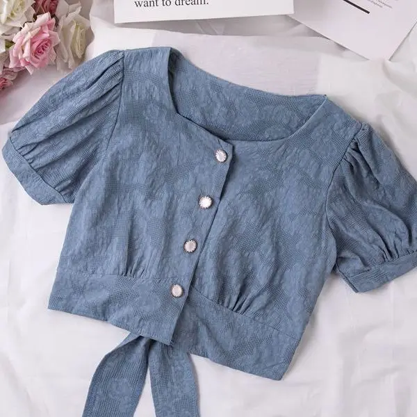 

Cotton Hong Kong style short single breasted cardigan top women's summer 2021 new bow tie short sleeve shirt fashion